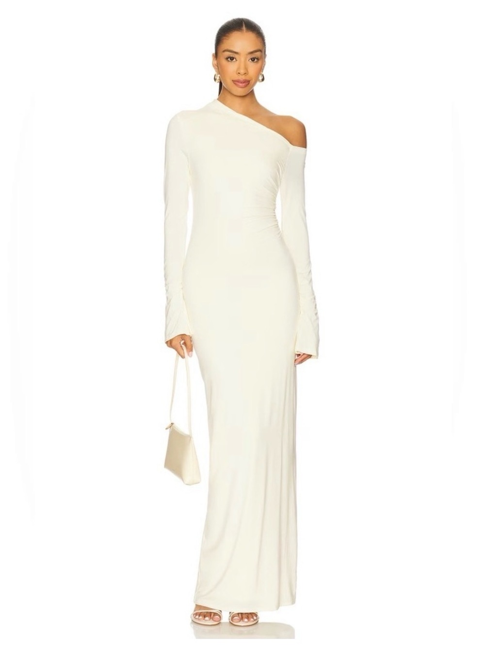 One-Shoulder Long Sleeve Cream Maxi Dress
